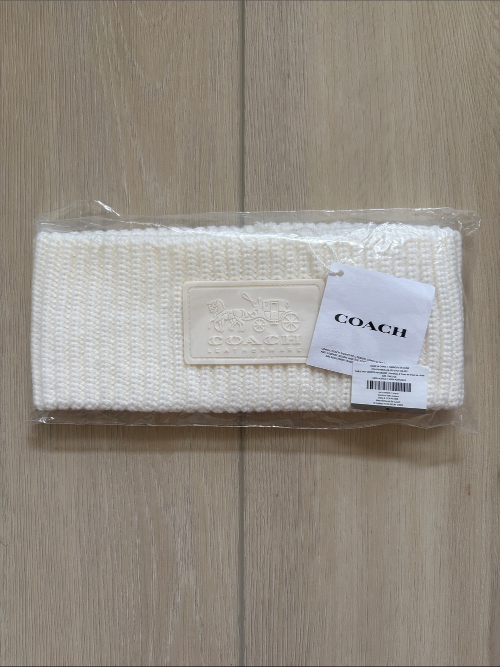 COACH Cream Ribbed Knit Headband with Logo Patch